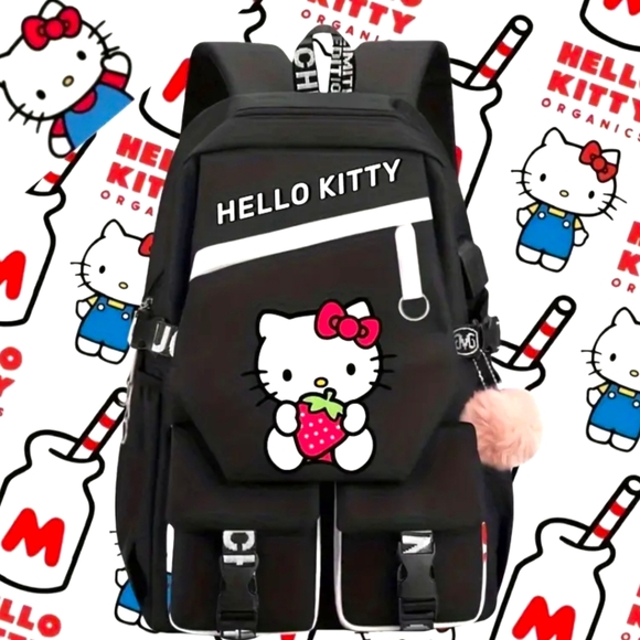 HELLO KITTY Limited Edition Black Large  Backpack W/Pink Pom Pom Keychain - Picture 6 of 8